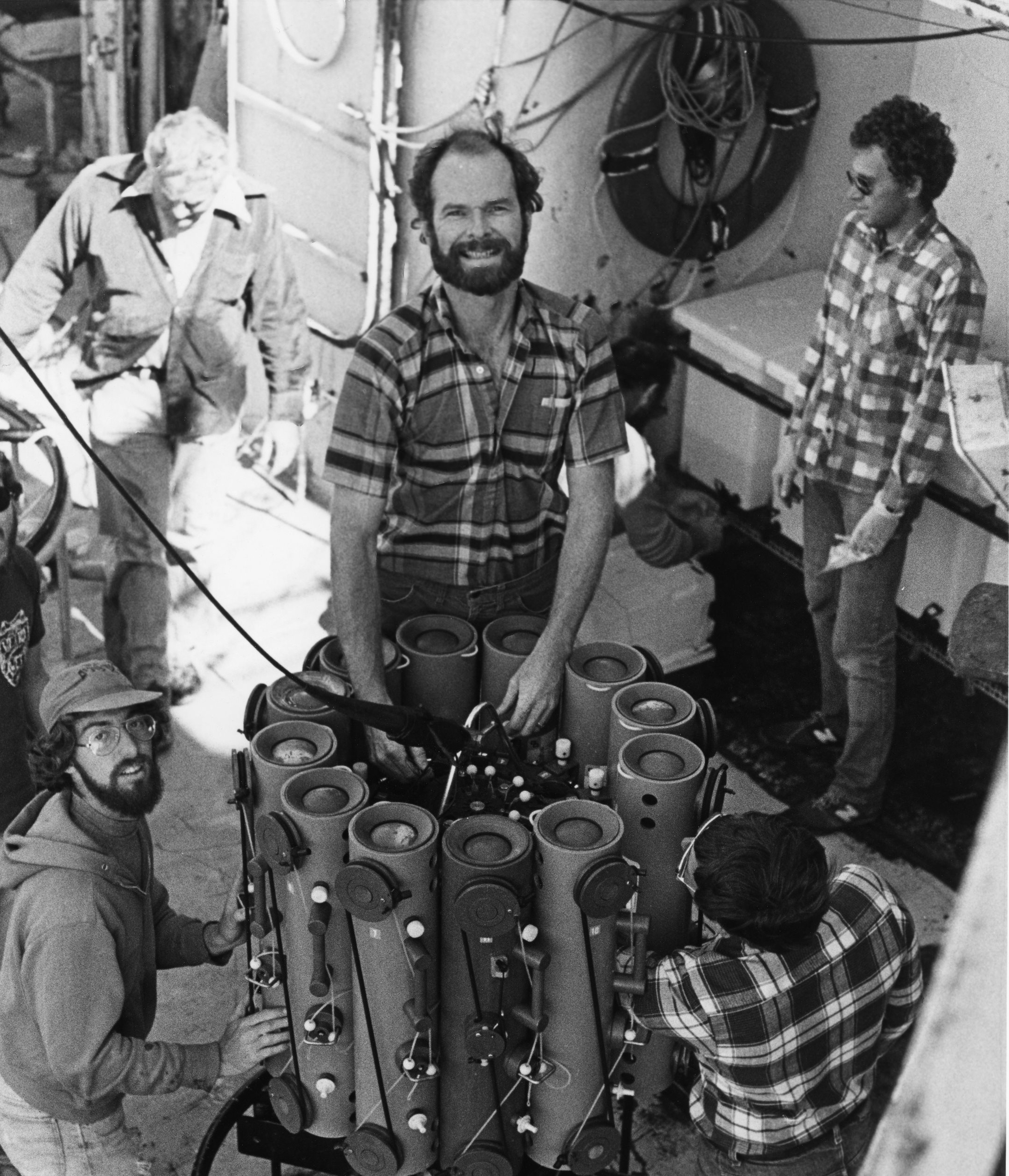 Jim and others on the RV Atlantis II cruise 110, ca 1981. Photo by Peter Wiebe