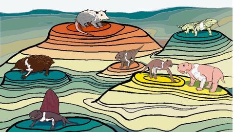 Artistic representation of animals situated grouped onto various peaks.