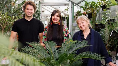 three people smiling at the camera, surrounded by plants in a greenhouse