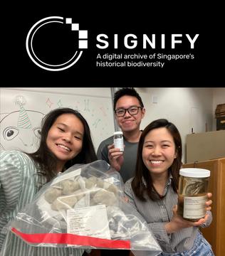 three people smiling at the camera, holding specimen jars, with the SIGNIFY logo