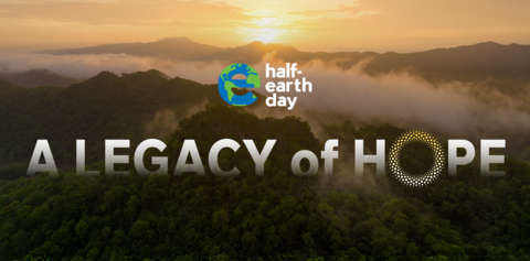 misty sunrise mountain view with text, half-earth day A LEGACY OF HOPE
